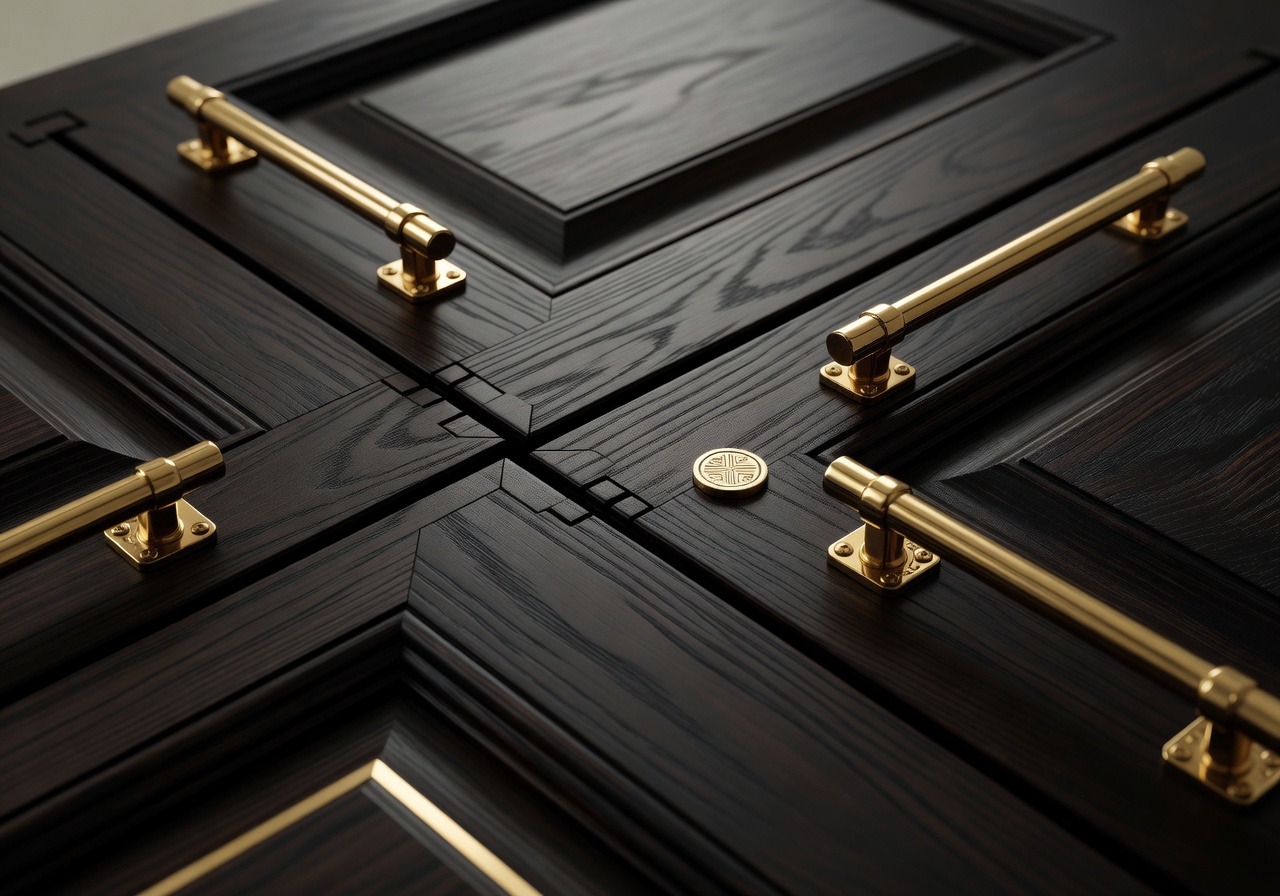 Architectural details showing precision, dark wood, and gold hardware