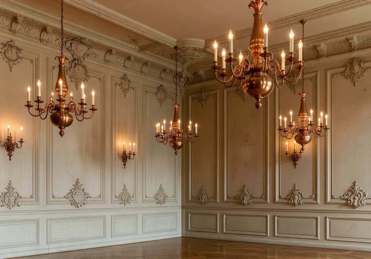 Classic European Interior featuring wall moldings and warm copper chandeliers