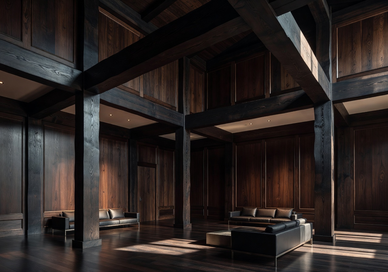 HOLA Design award winning interior featuring structural grandeur and dark woods