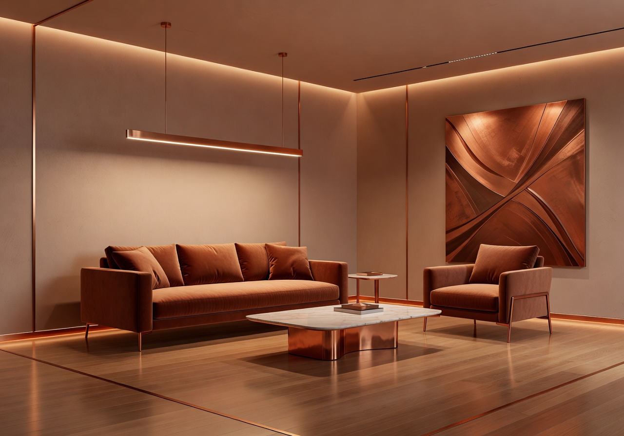 JT Grupa elegant living room with warm copper tones and sleek lines