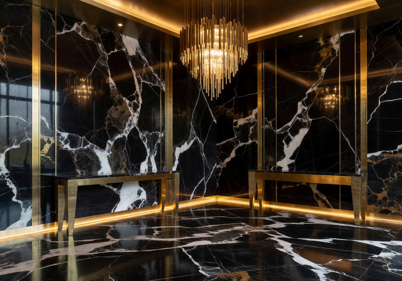 LuxArte interior design showing dark marble and gold finishes
