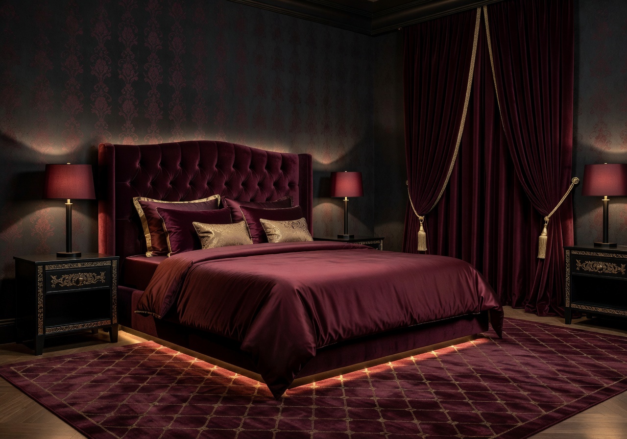 LuxArte signature dark luxury bedroom with burgundy and gold accents