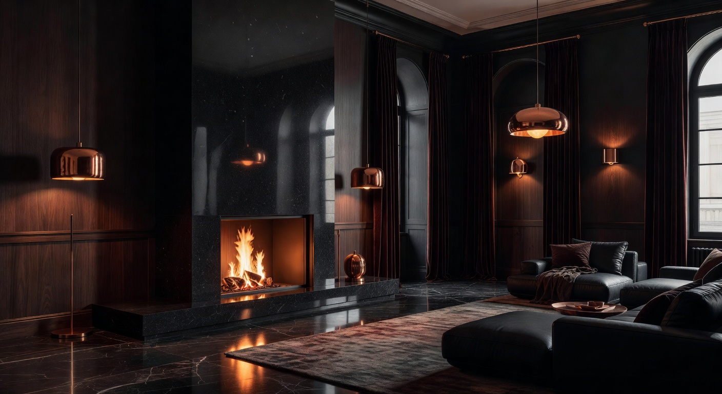 Luxurious dark European interior featuring a modern fireplace and warm copper lighting