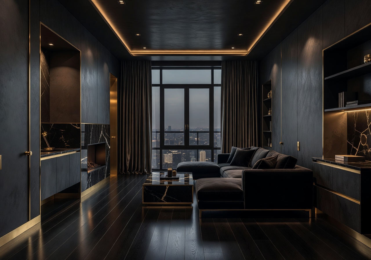 Modern luxury apartment with dark aesthetic and gold trimmings